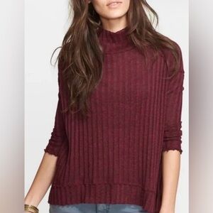 Free People | Women’s Burgandy/Black Heather Ribbed Clarissa Mock Neck Sweater M